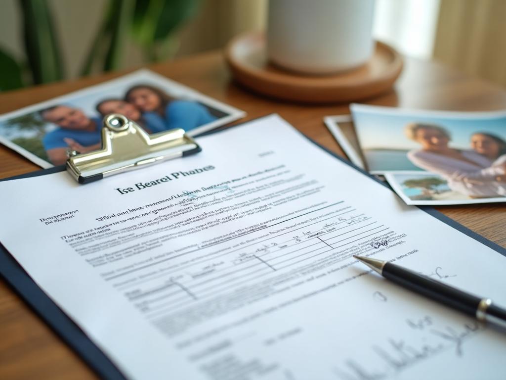 Estate planning documents on a clipboard with family photos in the background, representing Wagon Wheel Financial’s comprehensive estate planning approach to protect assets and maintain legacy.
